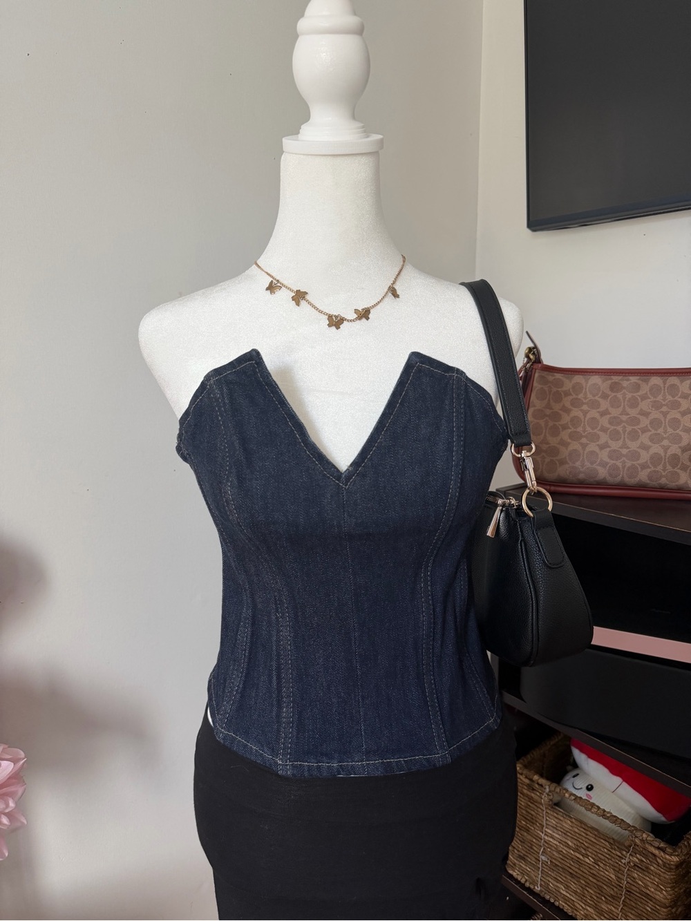 Zara Strapless Dark Blue Denim Bustier Corset Top